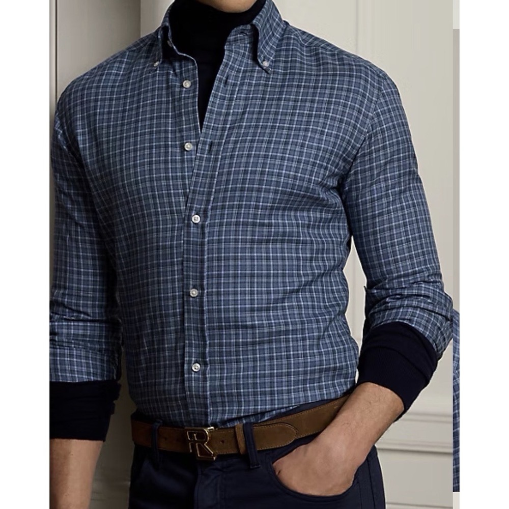 Ralph Lauren Purple Label Flannel Shirt Men 2XL Blue Plaid Made n Italy NWT $395